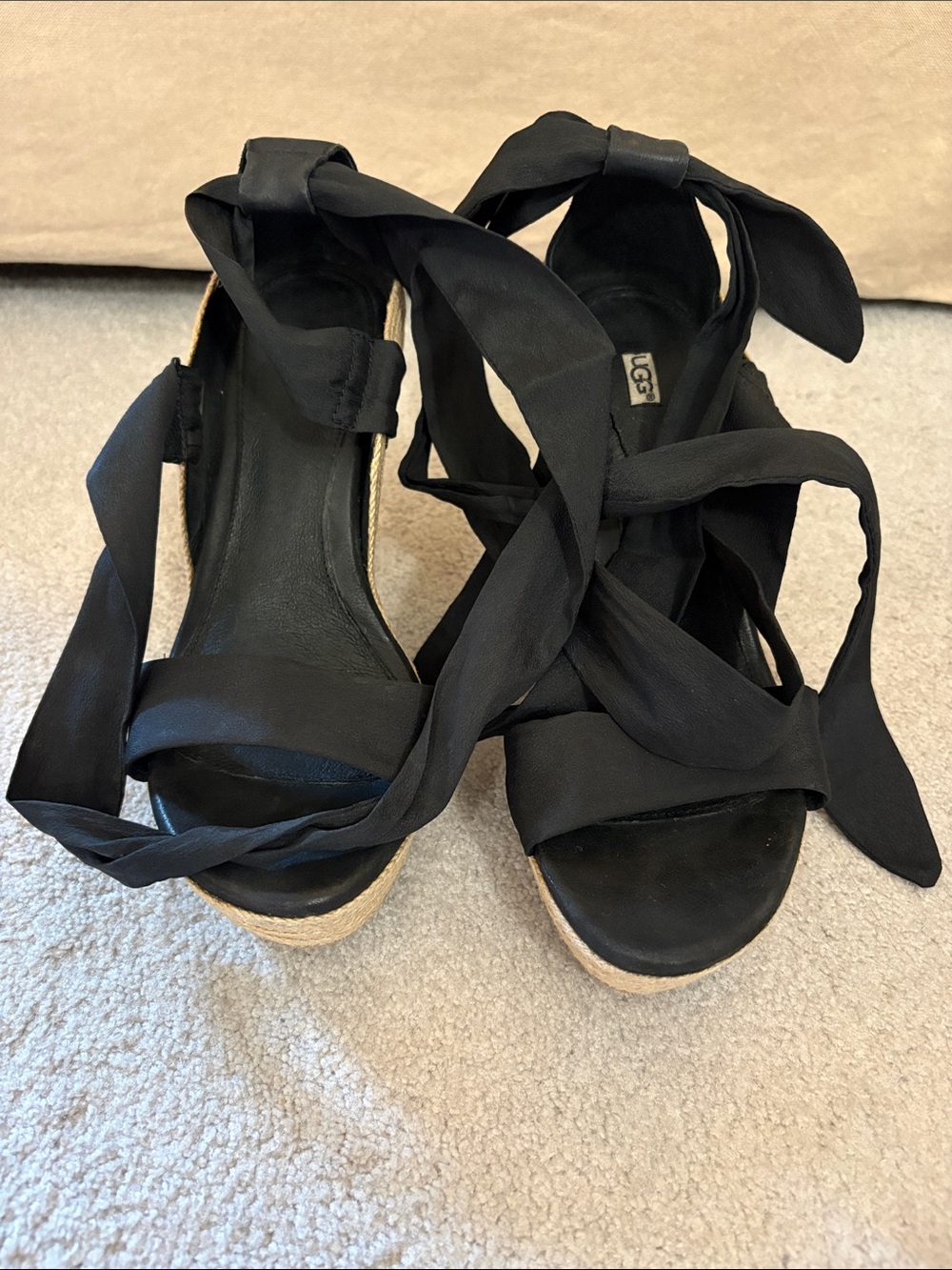 UGG Black Espadrille Wedge Sandals with Wrap Ties